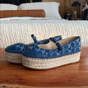 Coach Blue Signature Denim Espadrille Platform Shoes